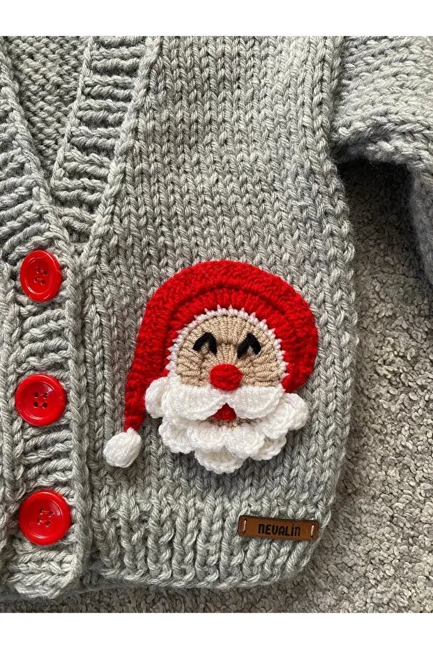 Детский кардиган с новогодним принтом Hand knitted christmas santa claus figured children's unisex cardigan Nevalin, Gri — фото 4