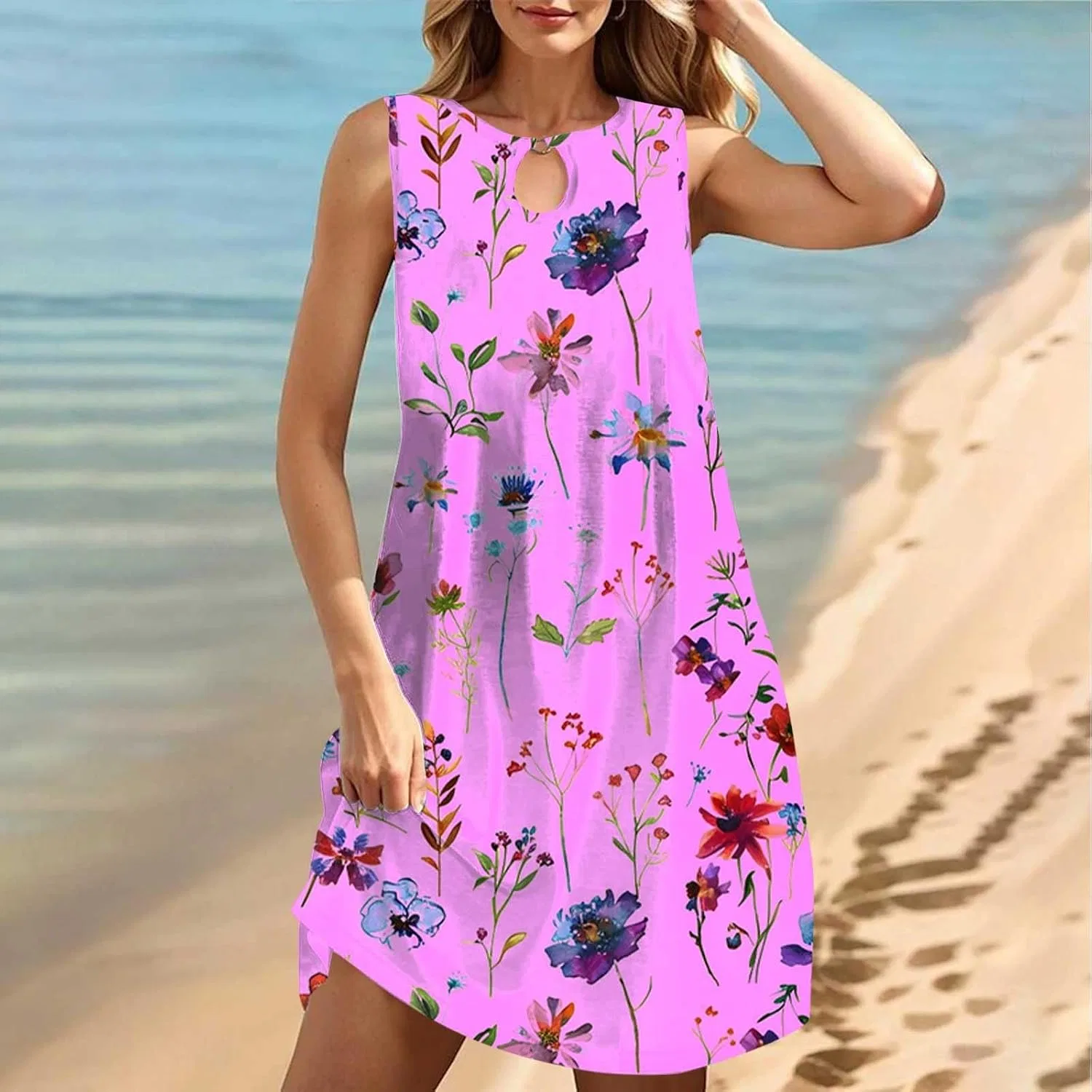 Женское летнее мини-платье с цветочным принтом, Sleeveless Keyhole, Pink — фото 2