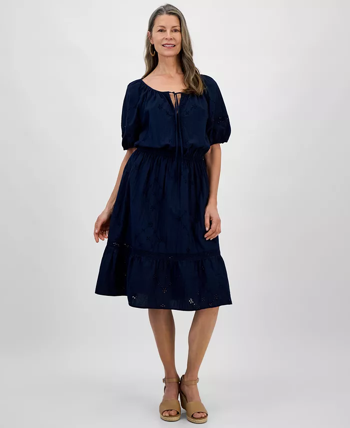 

Платье из хлопка с ажурной строчкой Petite Style & Co, синий