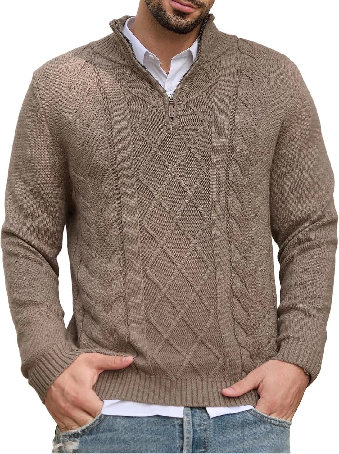 

Мужской свитер с четвертью молнии и кабельной вязкой Les umes