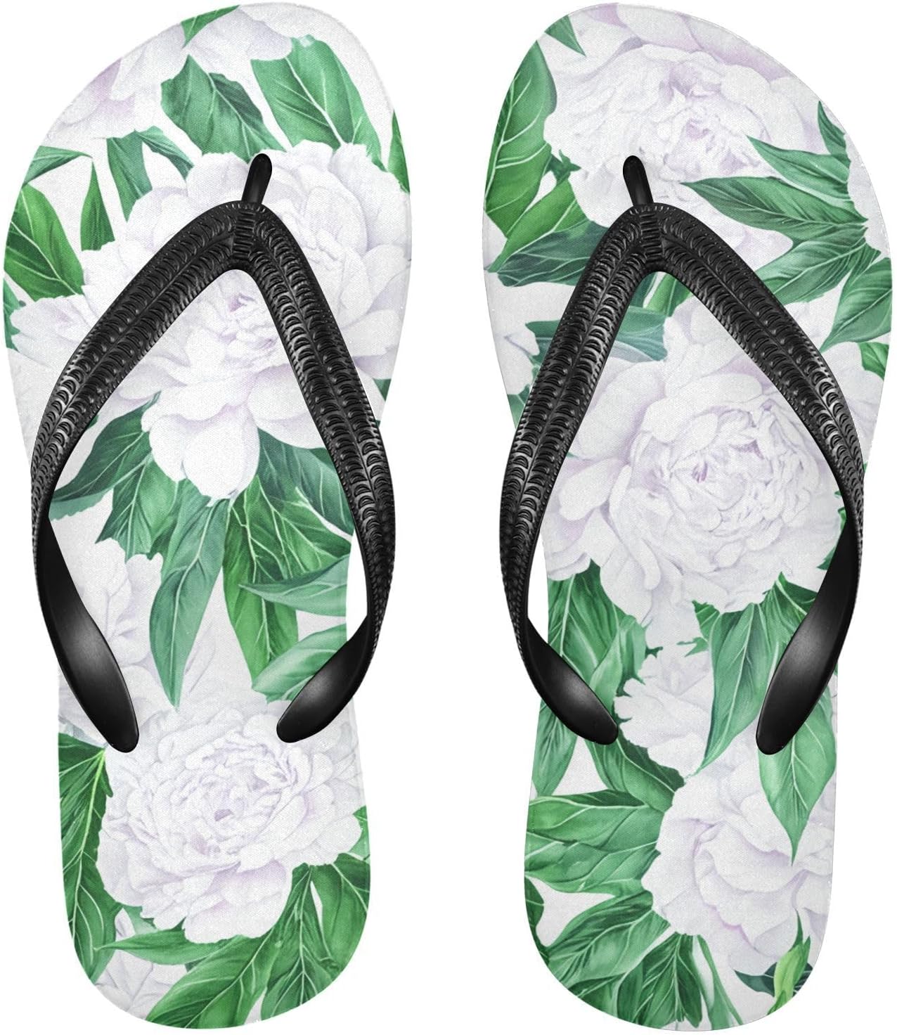 

Белые шлепанцы с цветочным узором «Пионы и листья», пляжные сандалии-вьетнамки, резинескользящие летние тапочки для мужчин, обувь для ходьбы Sinestour
