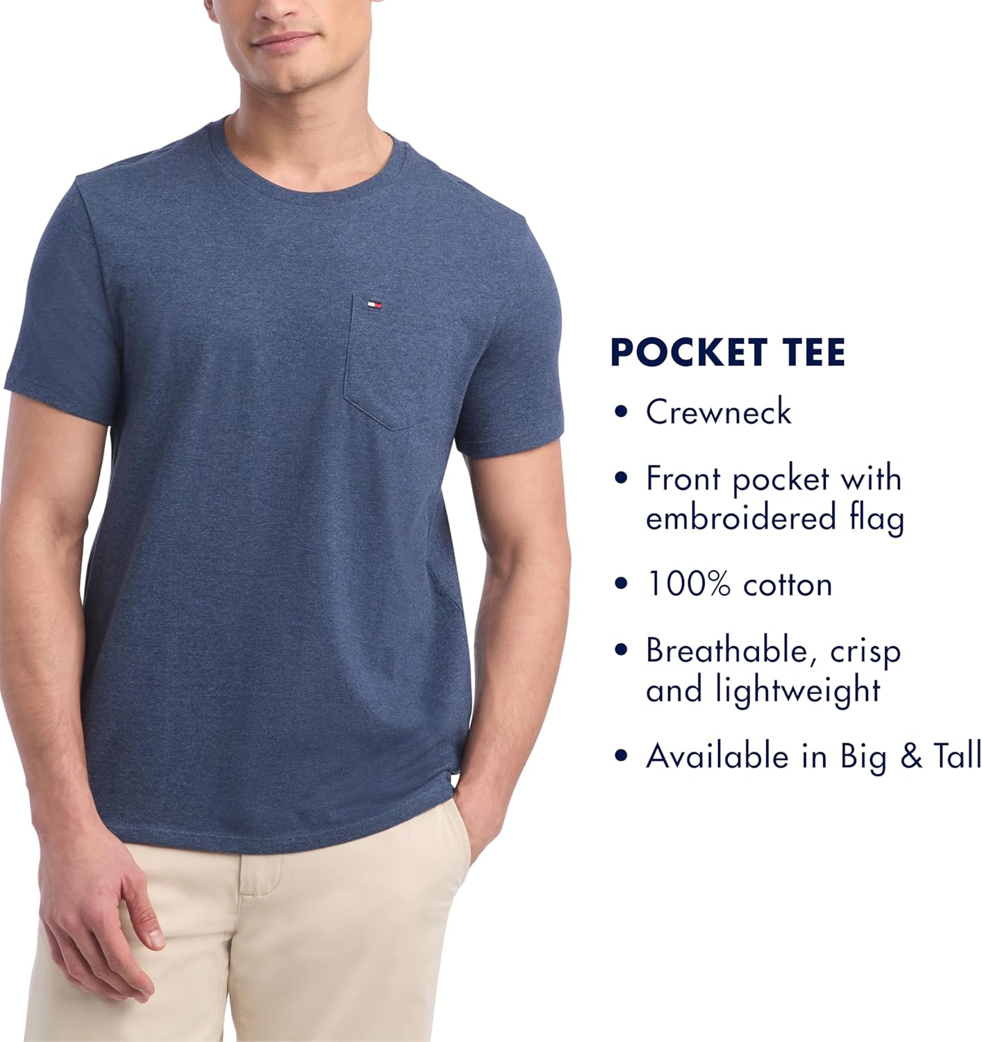 Мужская футболка Tommy Hilfiger Essential из хлопка с коротким рукавом, круглым вырезом и карманом, Blossom — фото 3