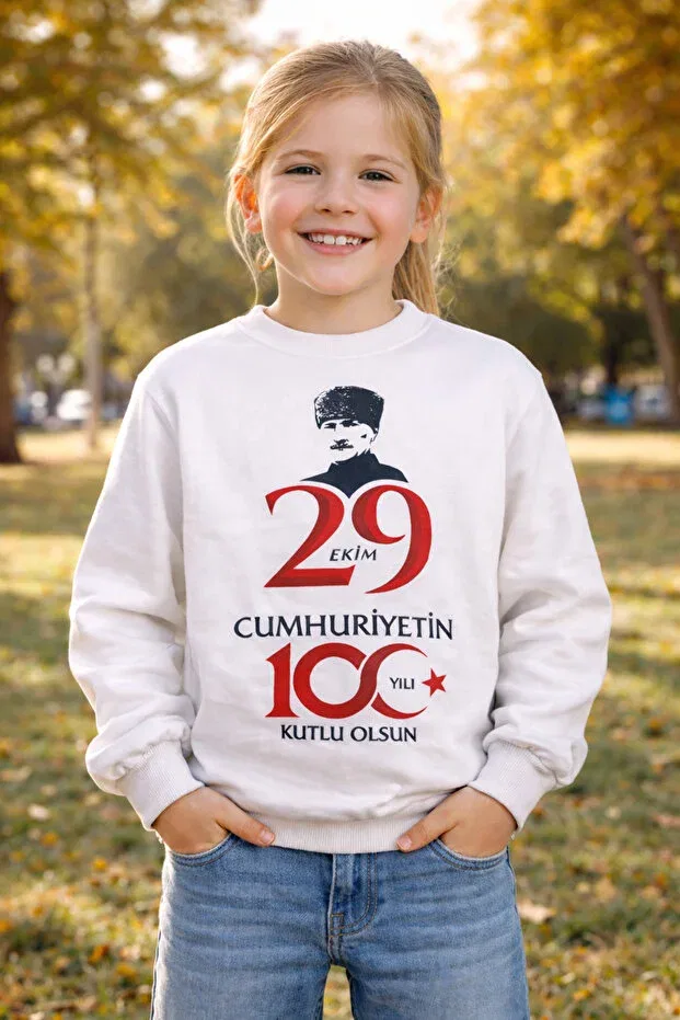 Детские свитшот для девочек с принтом Ataturk Visual 29 October 100th Year Pistyle, White