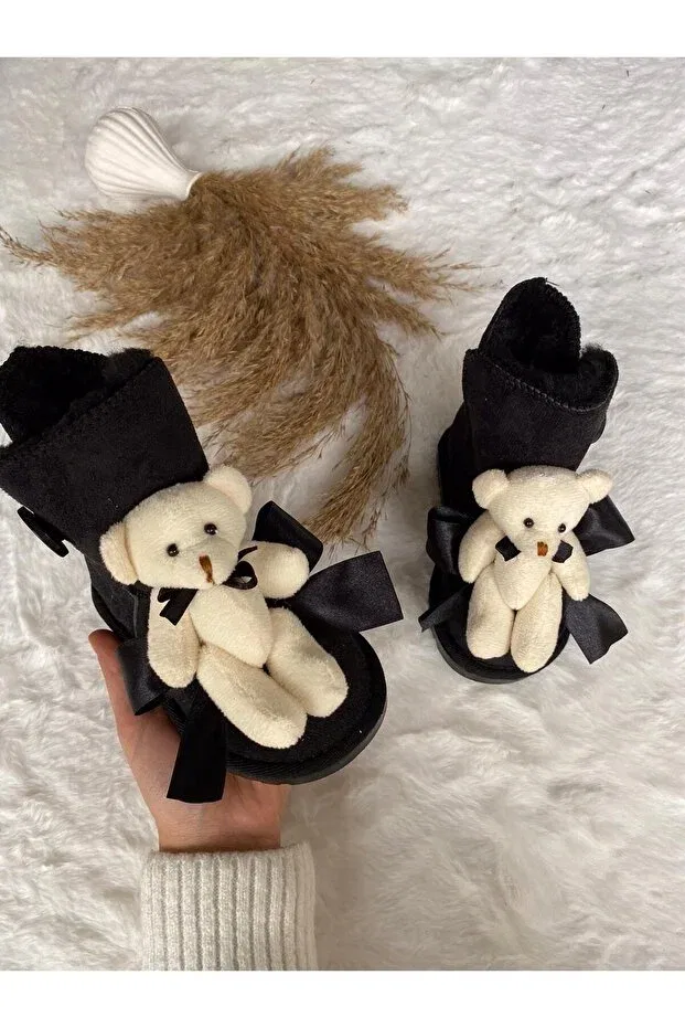 Детские ботинки для девочек с рисунком Wool inside tan suede buttoned boots with teddy bear accessories (order minimal 1 large) Portakal Bebek, Black