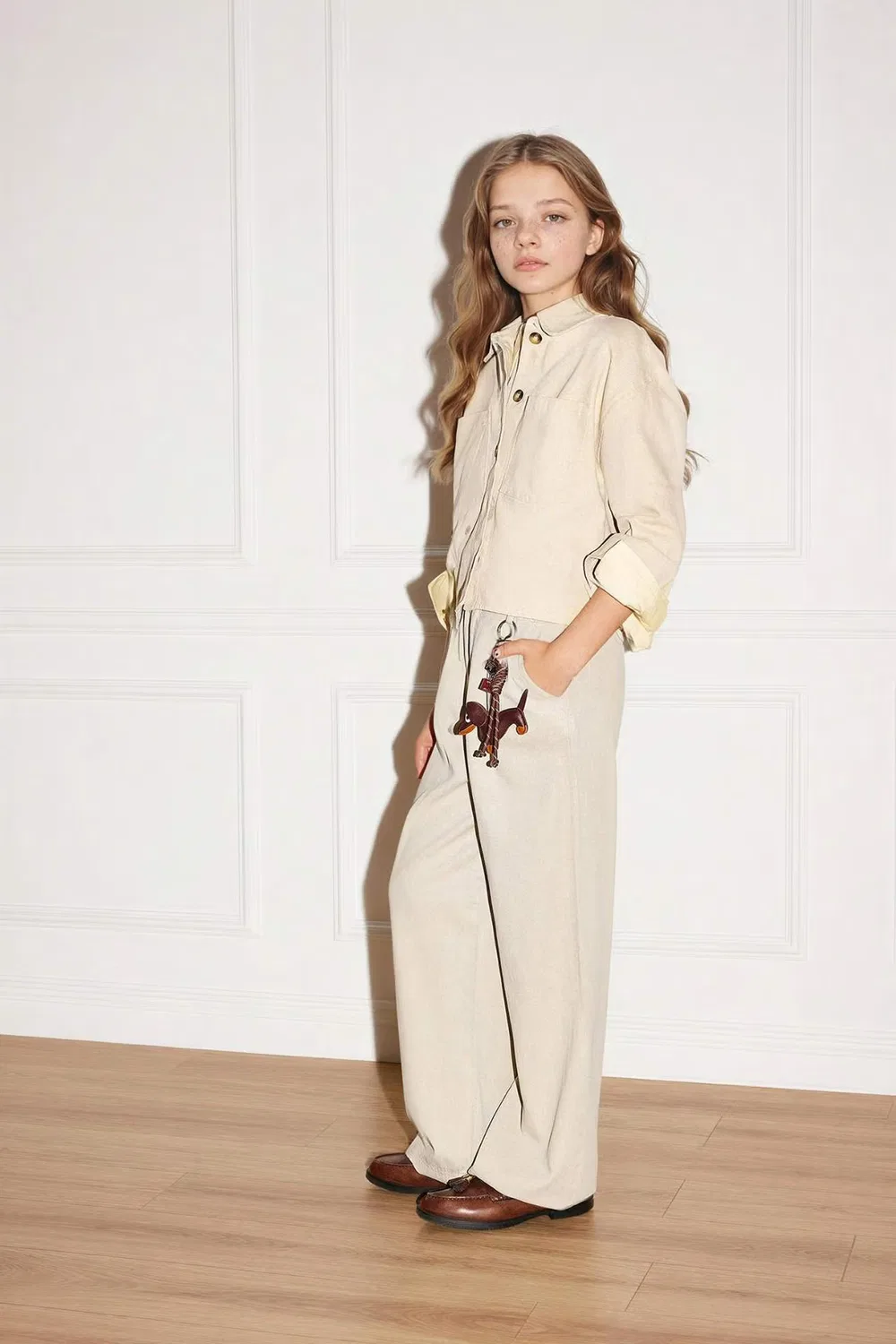 Брюки широкие с принтом Girl wide leg tencel Defacto, бежевый — фото 2