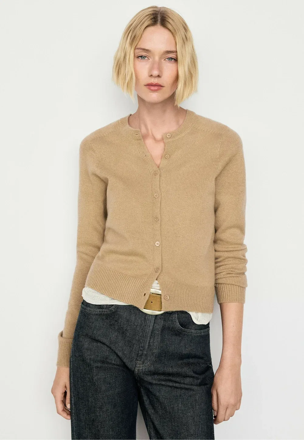 Укороченный вязаный кардиган из 100% кашемира - кардиган Massimo Dutti, Brown
