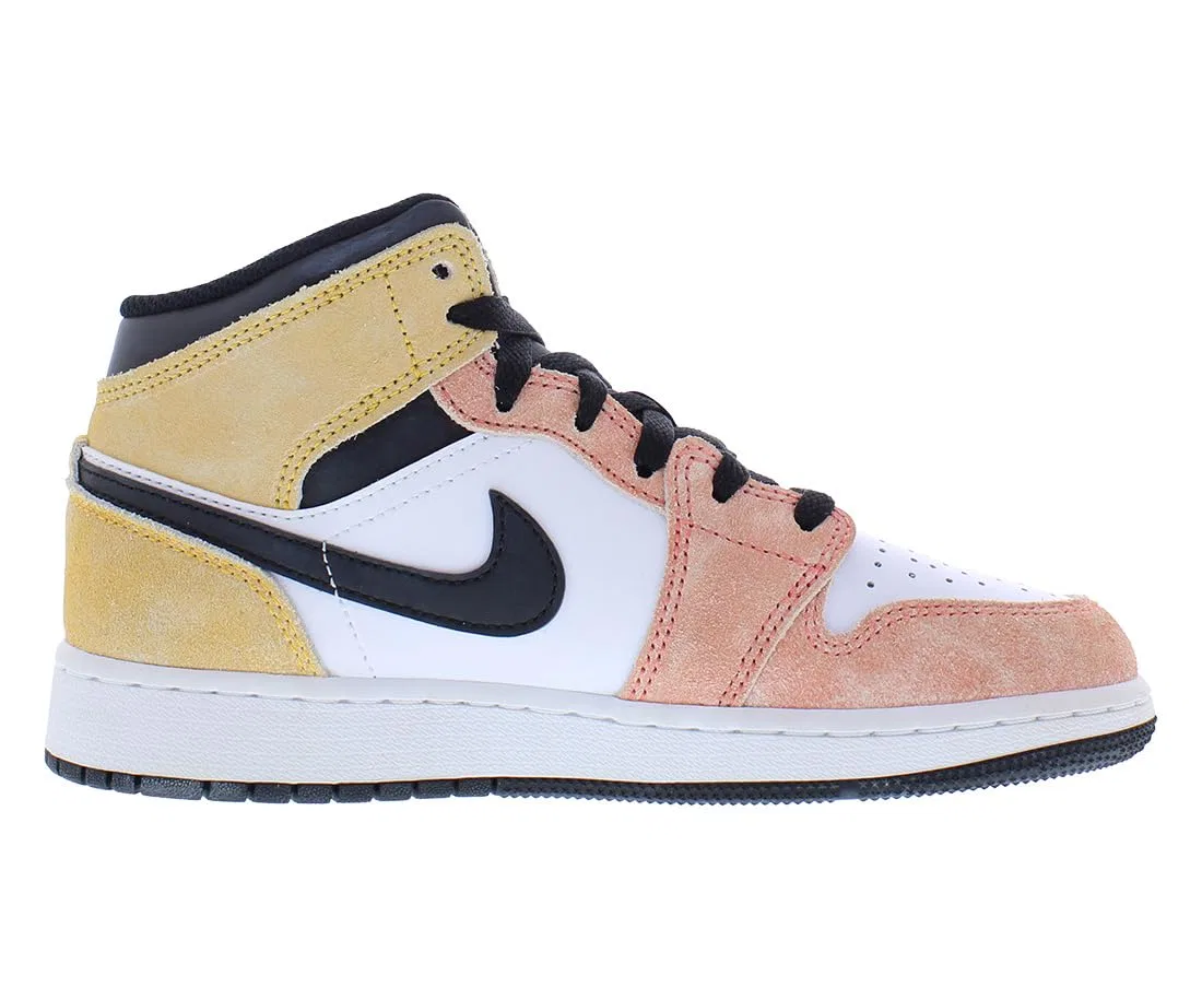 Детские кроссовки для мальчиков с принтом Air Jordan 1 Mid Se (Gs) NIKE, Magic Ember Sundial White Black — фото 2