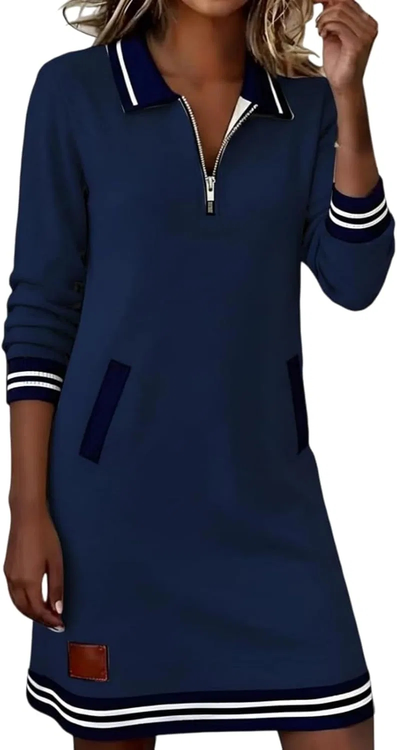 Женское платье-свитшот с полузастежкой-молнией Color Block, Dark Navy