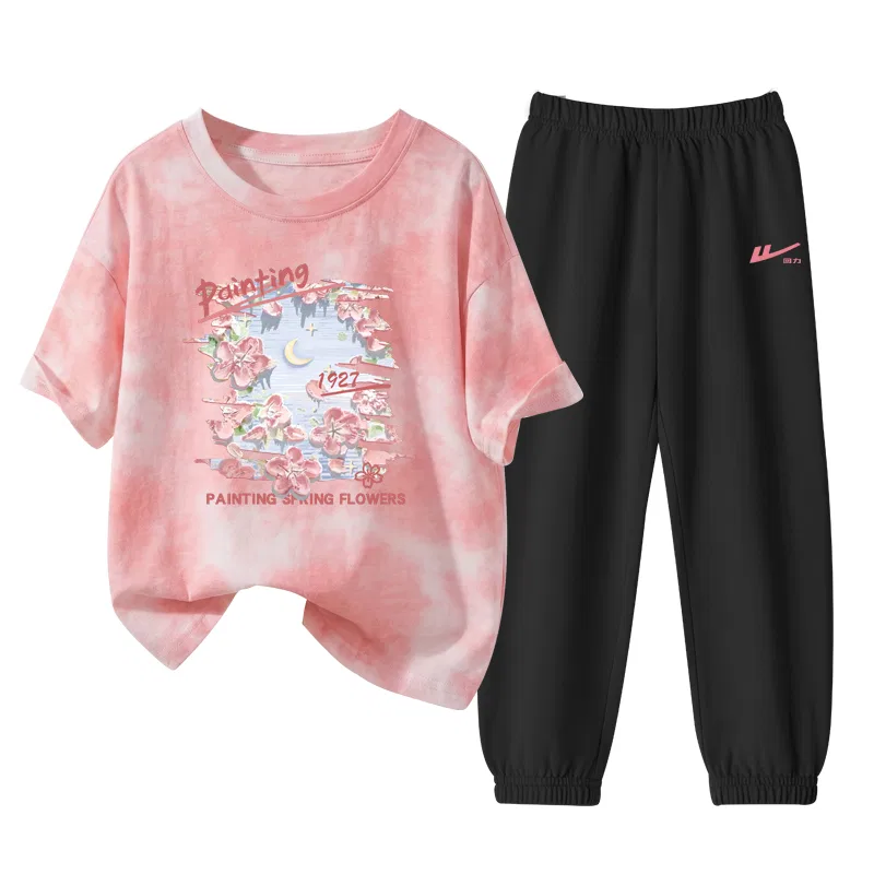 Детский спортивный комплект с круглым вырезом из тонкого стрейча, Casual Sportswear, WARRIOR, Pink/H Oil Paintings Cherry Blossom-Black/H Rubber Silicone K