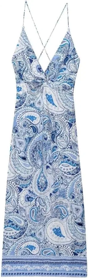 Женское платье с принтом V-образным вырезом и открытой спиной, Ankle-Length, Blue