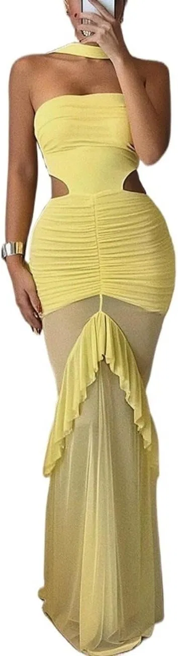 Женское сексуальное платье-бодикон с заплатками из сетки Sheath, Yellow