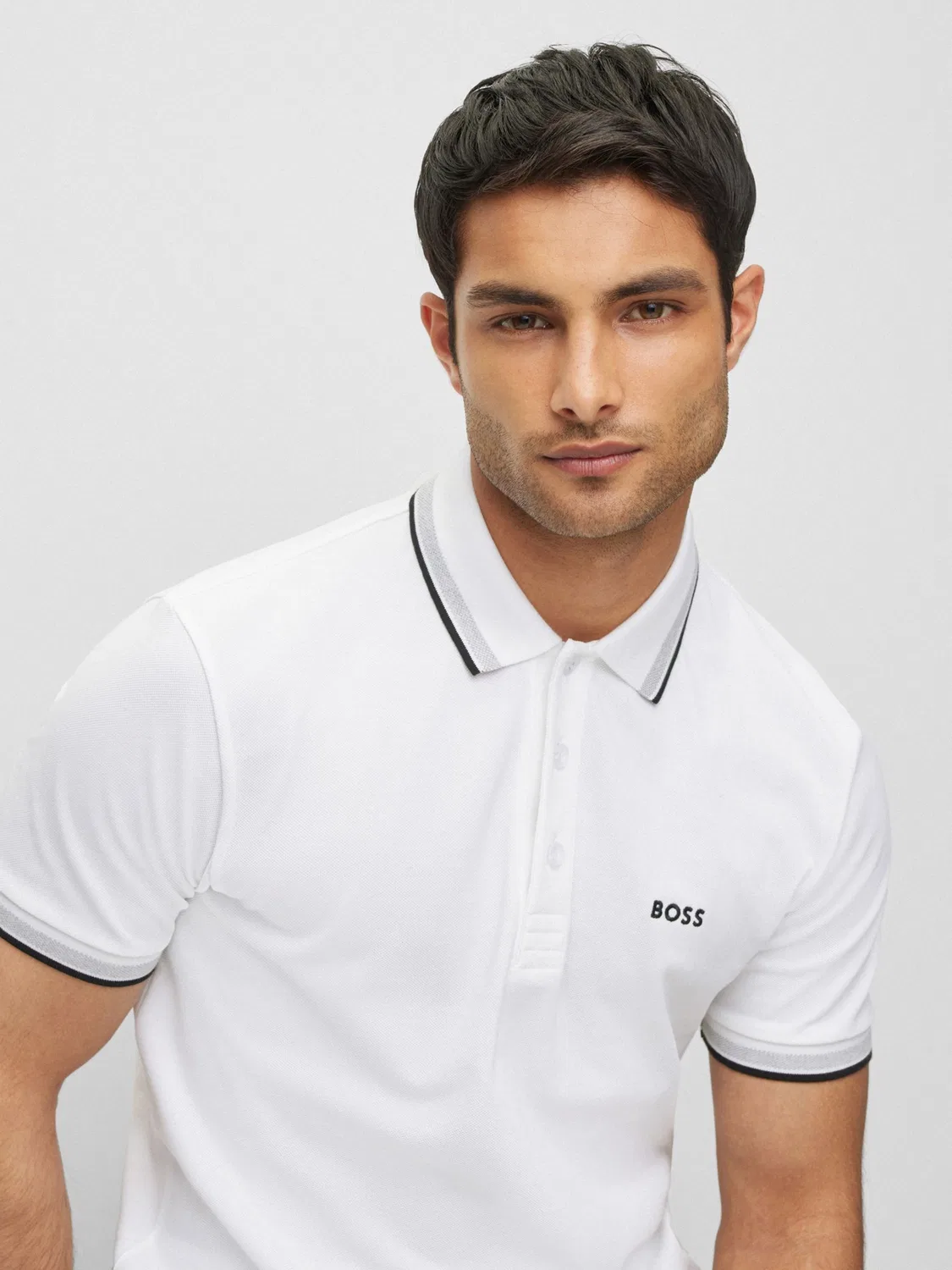 Поло BOSS Regular Fit Paddy с контрастным воротником, белый/серый — фото 4