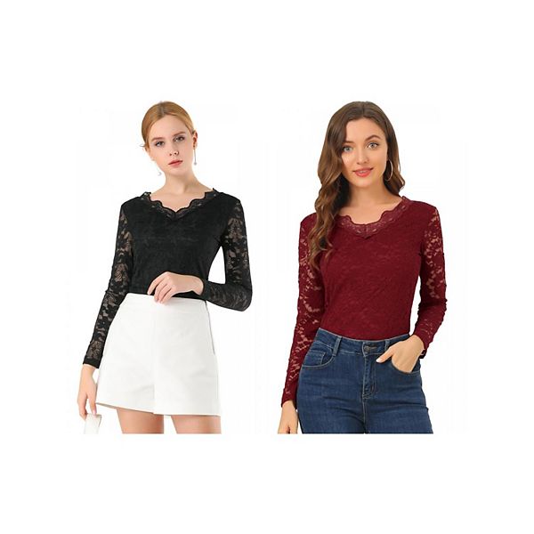 

2 упаковки женской блузки с цветочной вышивкой и длинными рукавами из кружева Inspire Chic, Black Burgundy