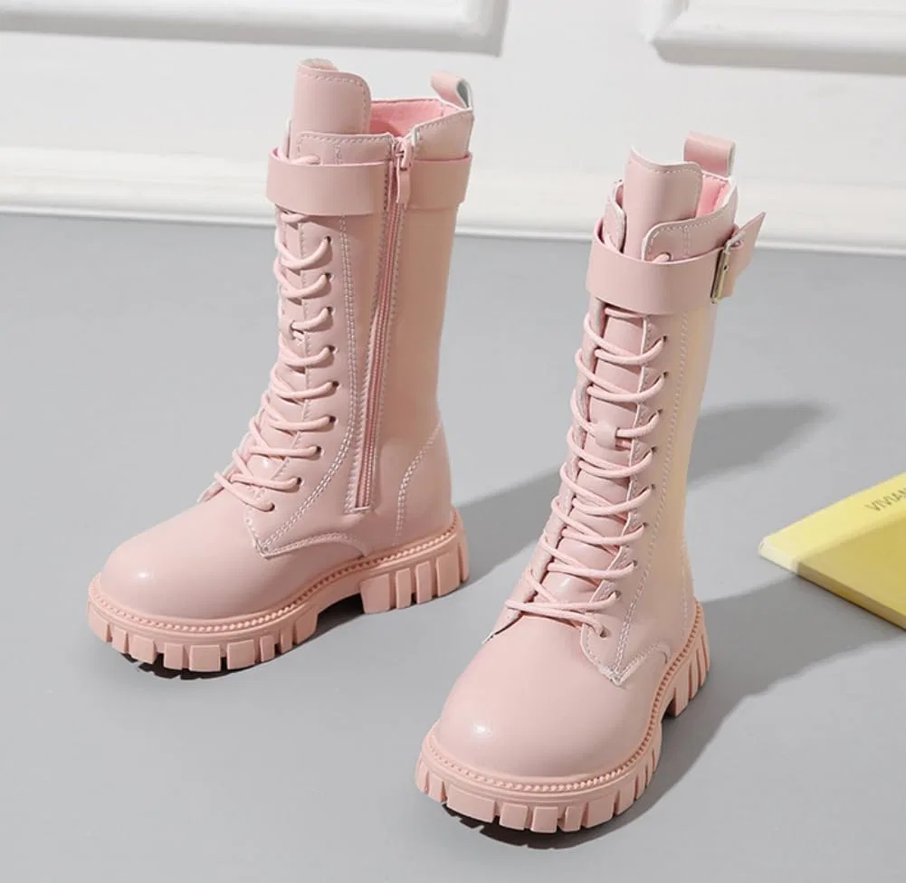 Детские зимние сапоги для девочек с меховой подкладкой и шнуровкой, Pink — фото 3