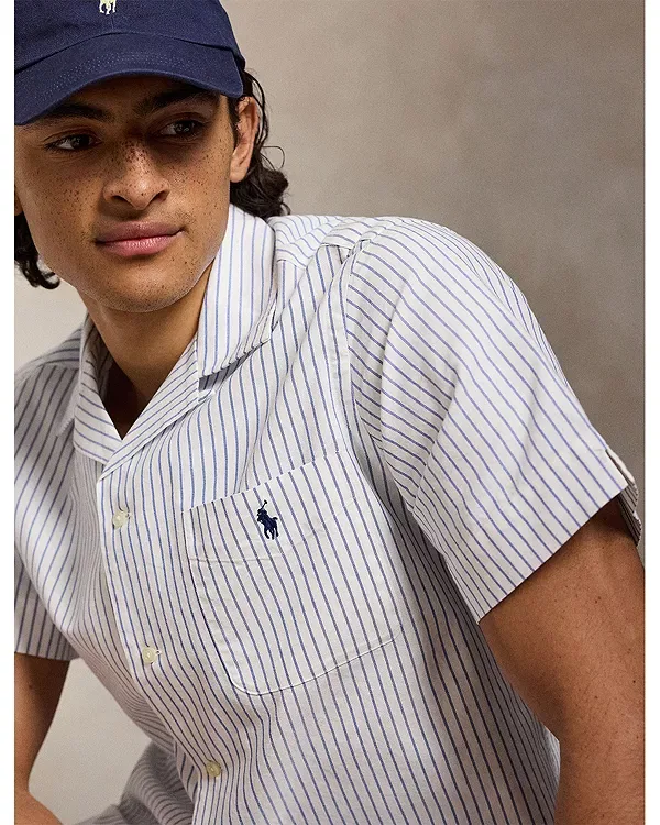 Мужская рубашка с коротким рукавом Classic Fit Stripe Oxford Pocket Shirt Polo Ralph Lauren, белый/синий — фото 4