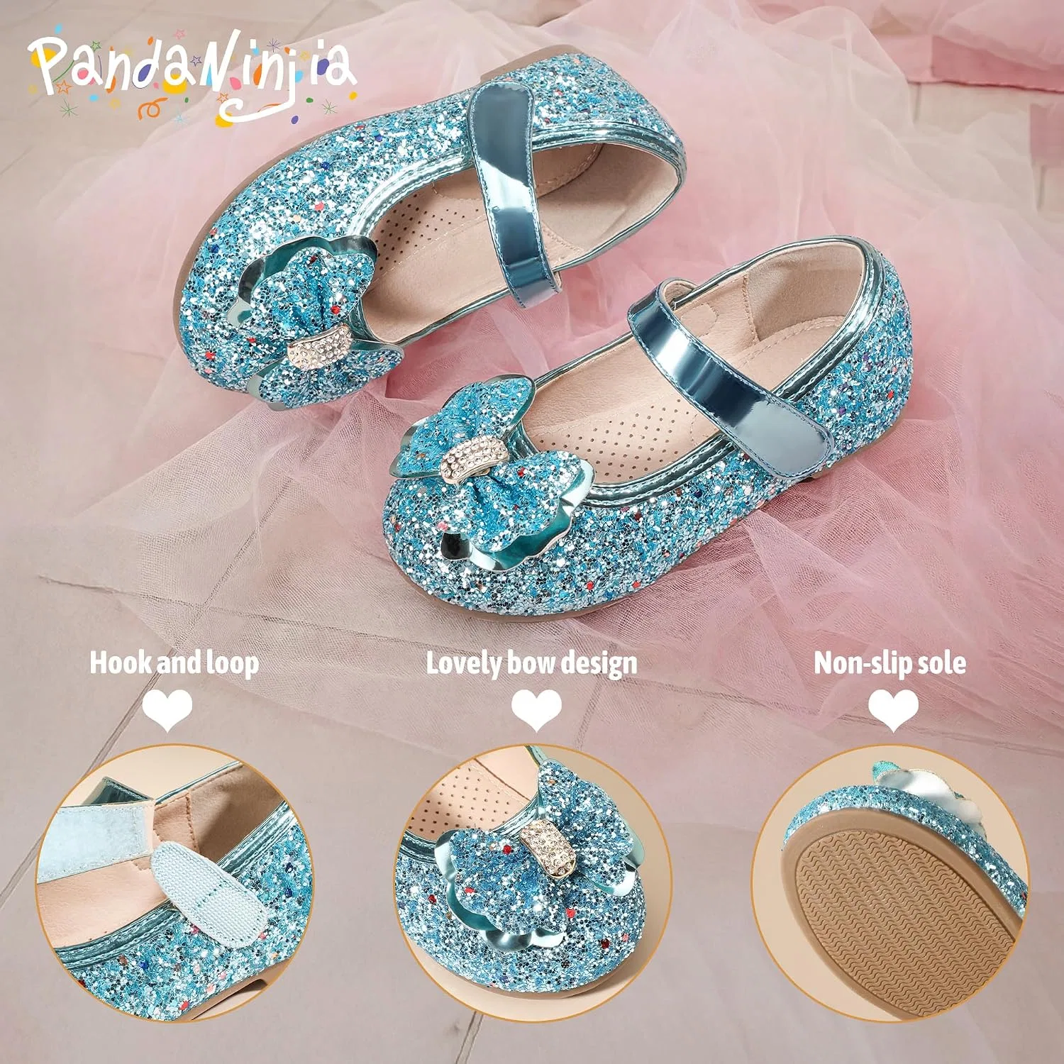 Детские балетки для девочек с цветочным принтом PANDANINJIA, Blue Sequin — фото 4