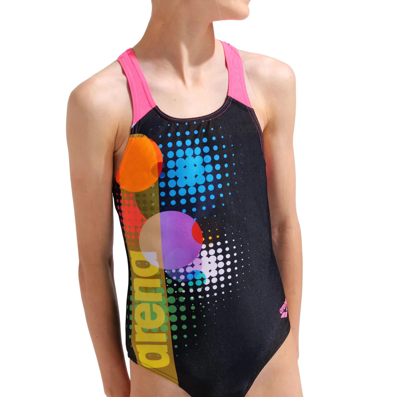 Детский слитный купальник для девочек с принтом Dots Swim Pro Back Arena, Schwarz Kaugummirosa — фото 4