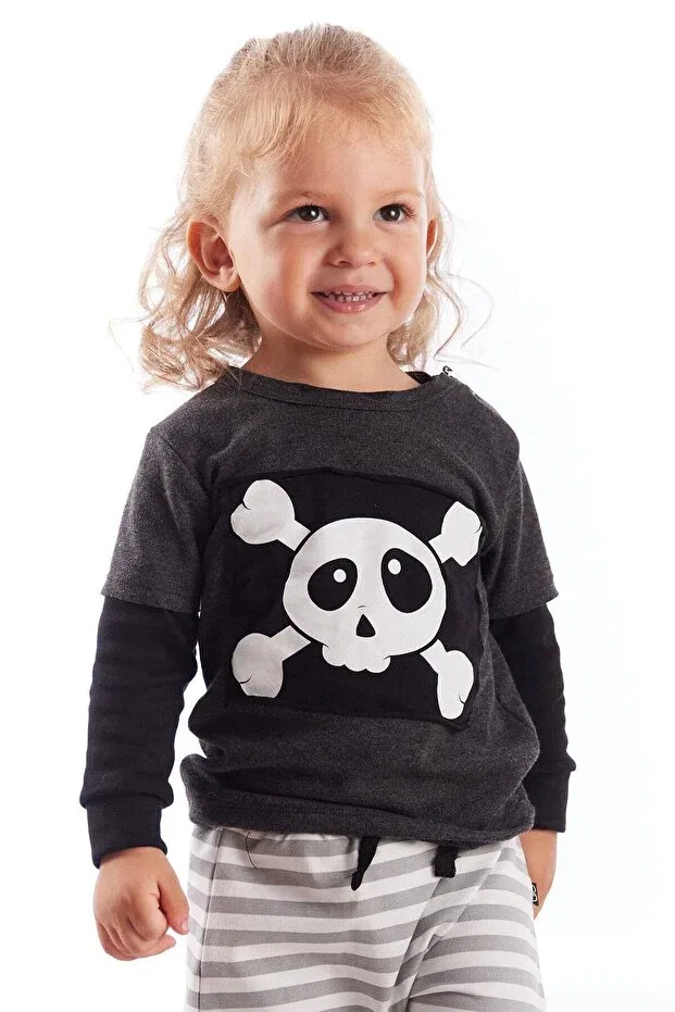 Детская футболка с длинным рукавом с принтом Baby Skull Patch Colorinas, Anthracite Melange