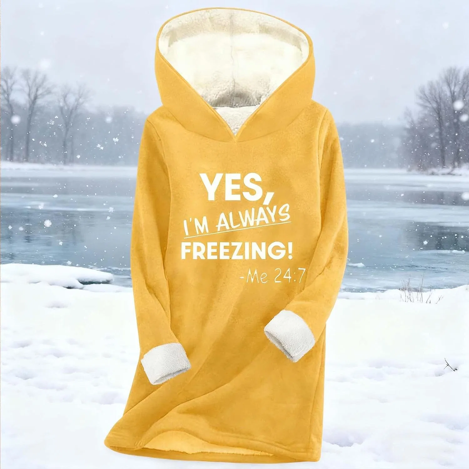 Женское худи с принтом Yes I'm Always Freezing Me 24:7, флисовое, жёлтый — фото 3