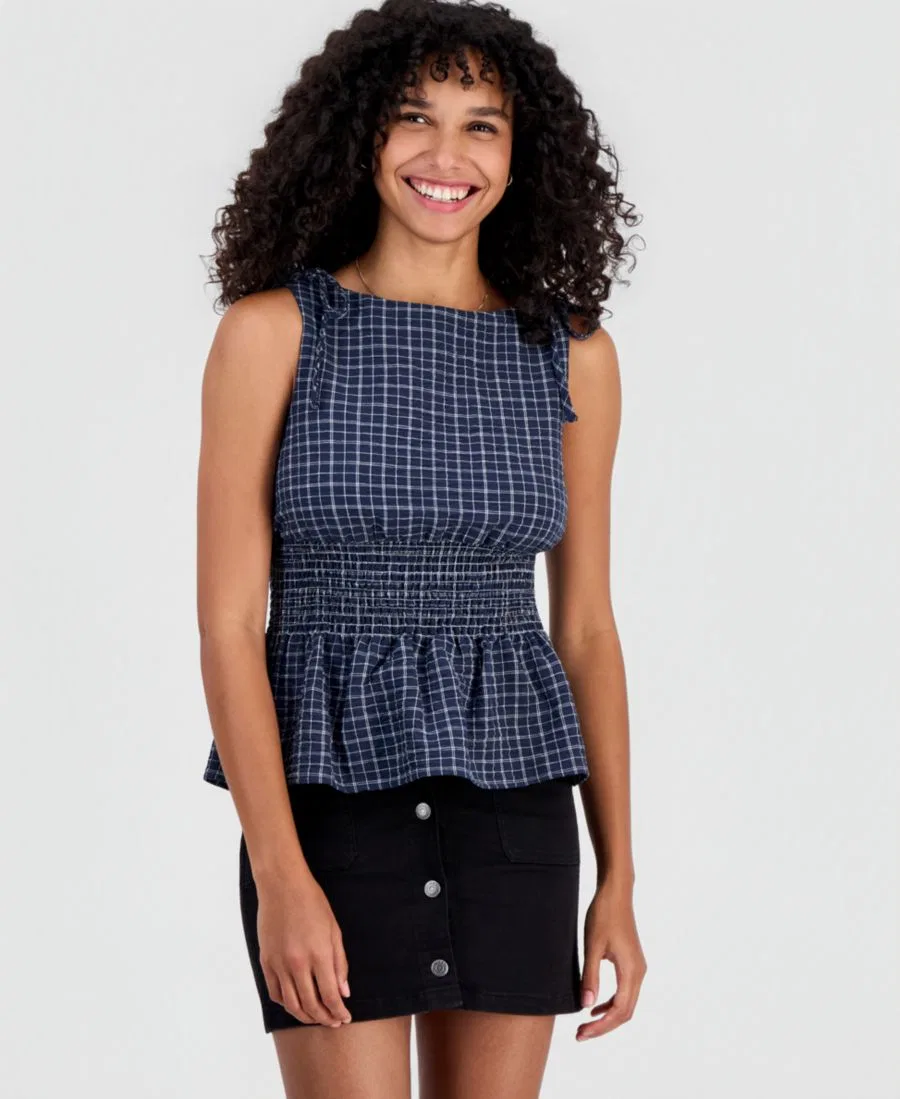 Топ на бретелях с принтом в клетку, модель Plaid Smocked-Back Tank Rebellious One, Navy Blazer White