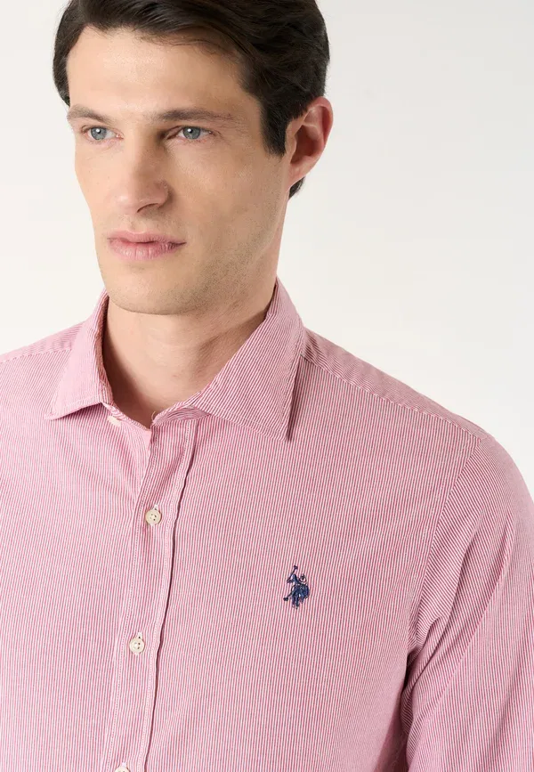 Рубашка хлопковая Camicia da uomo a righe slim fit con colletto alla francese U.S. Polo Assn., Pink, розовый — фото 4
