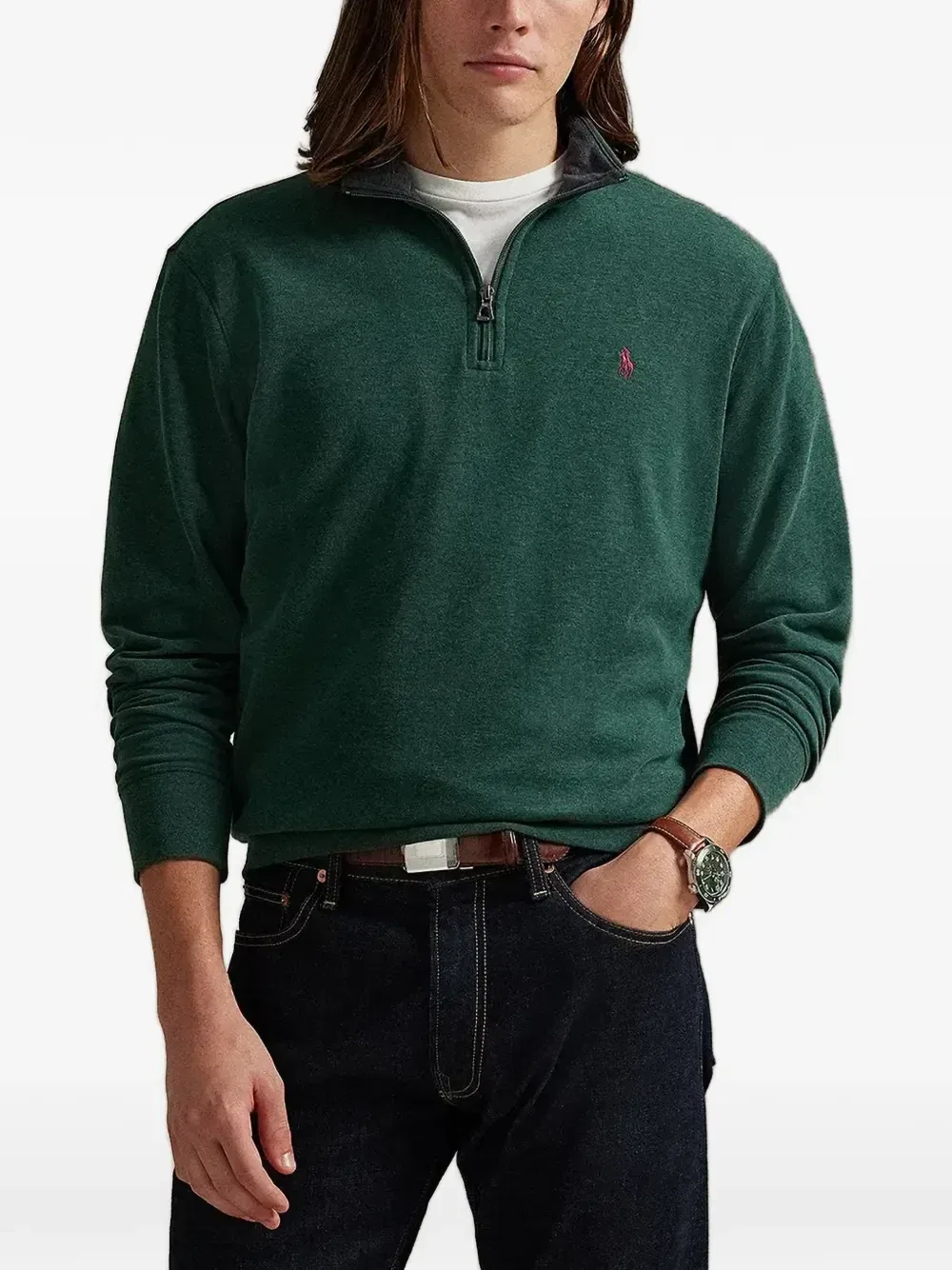 Пуловер с вышивкой логотипа на молнии-четверти POLO RALPH LAUREN, зеленый