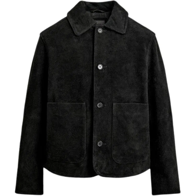 Мужская кожаная куртка с лацканами, ZARA, Black