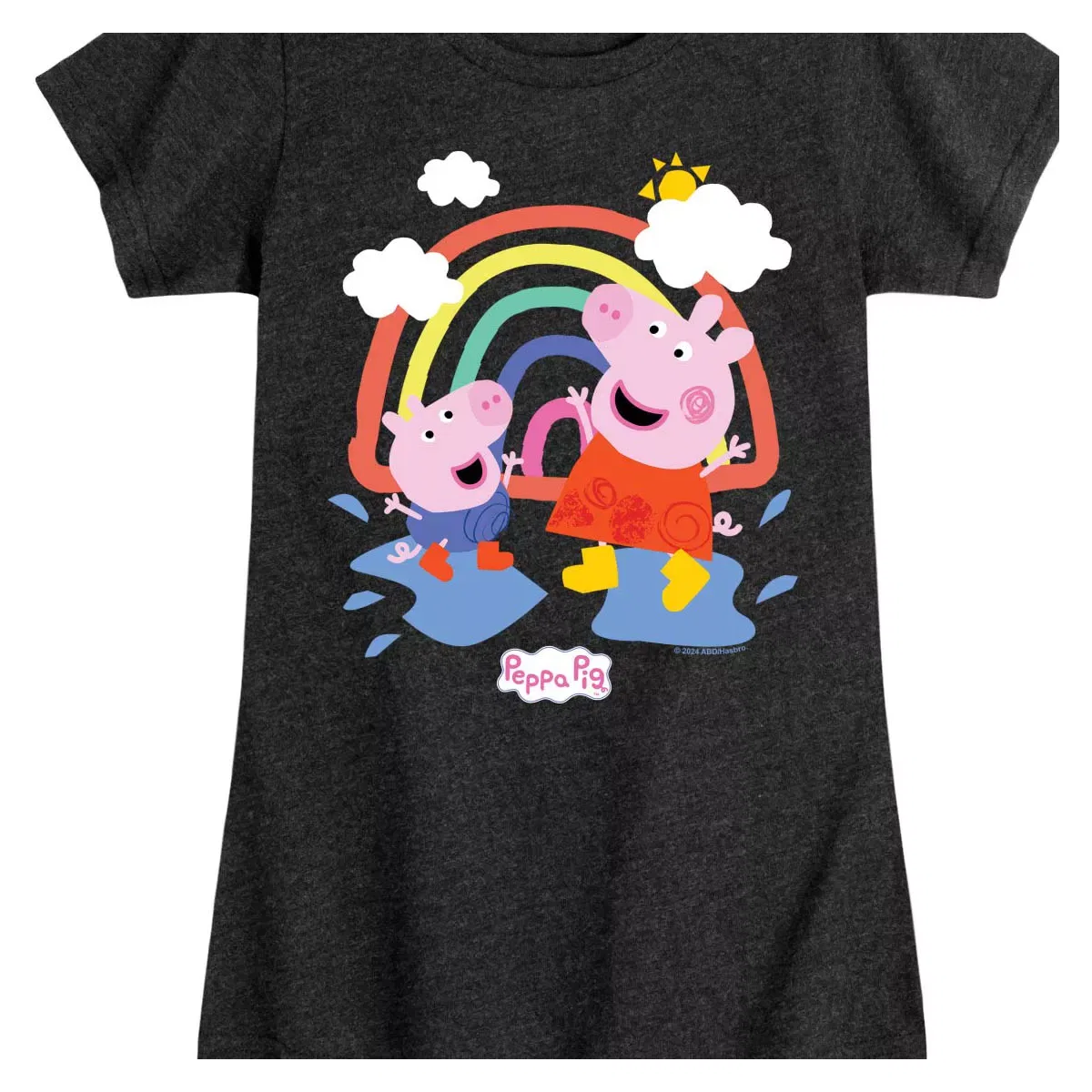 Детское футболка для девочек с принтом Peppa Pig Rain Puddles с радугой Peppa Pig, Heather Black — фото 2