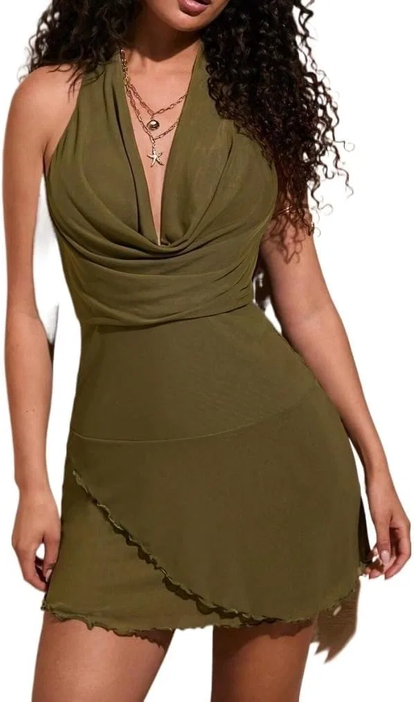 Женское мини-платье с открытой спиной Halter, Army Green