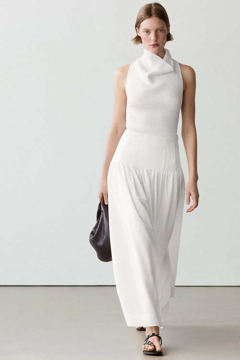 Юбка миди с кокеткой Massimo Dutti, белый — фото 3