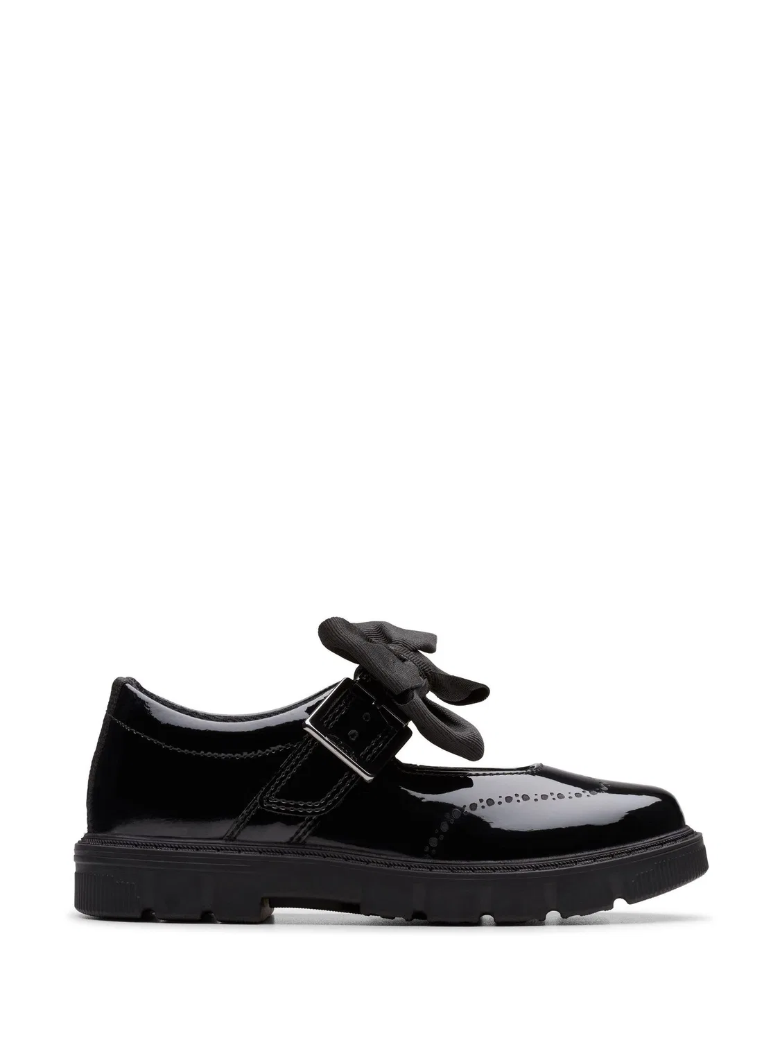 Туфли Clarks Lorcam Jane Y на толстой подошве, съемный бант, черный лакированный