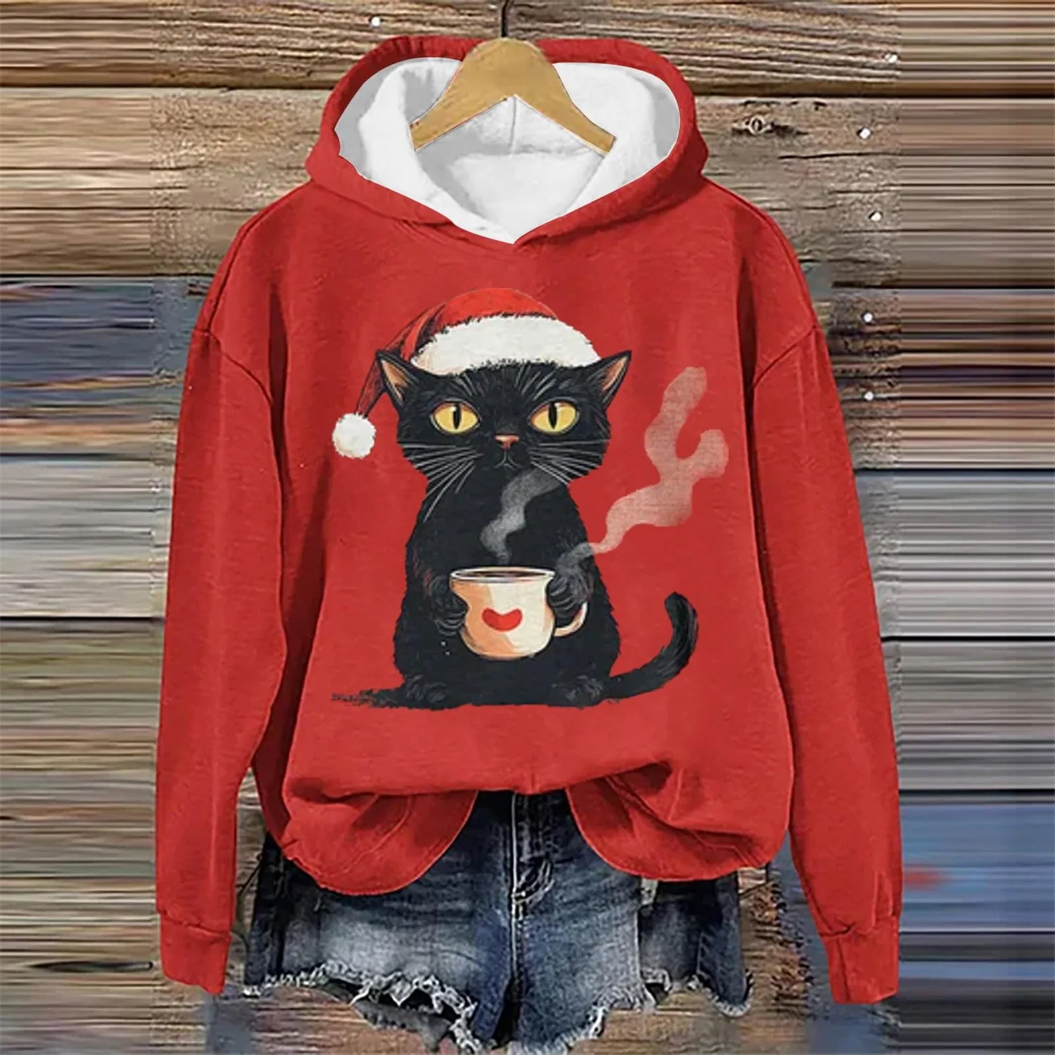 Женский свитшот с принтом Christmas Tree Funny Cat Say What Woman Pullover, Z21 Red — фото 2