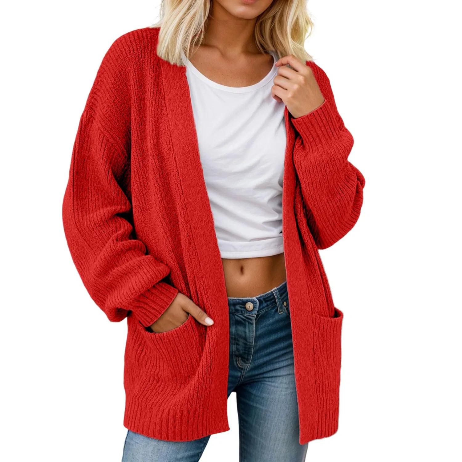 Женский кардиган свободного кроя с карманами, Rosso