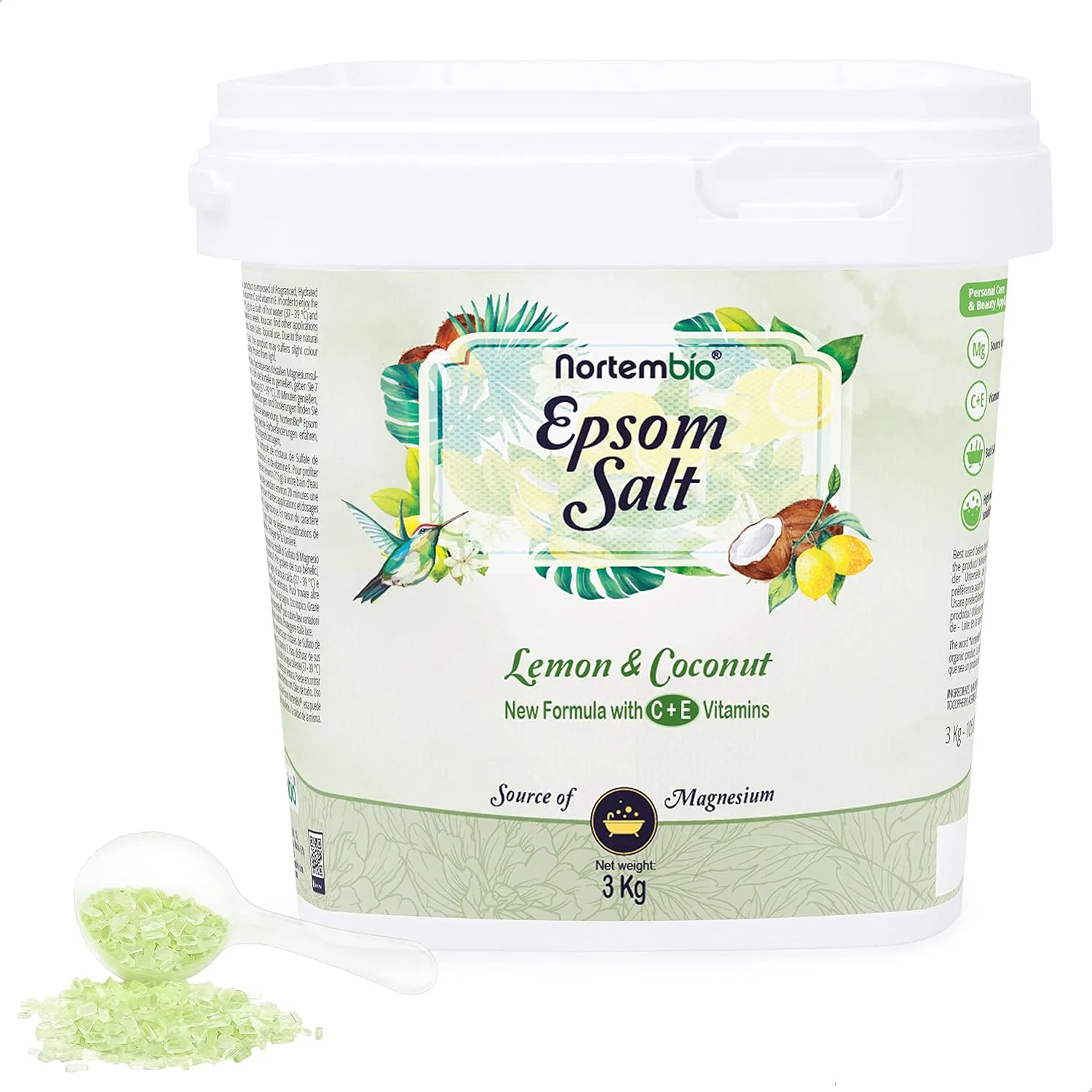 Соль для ванн Epsom Salt с ароматом лимона и кокоса, Nortembio, 3 кг, Lemon & Coconut