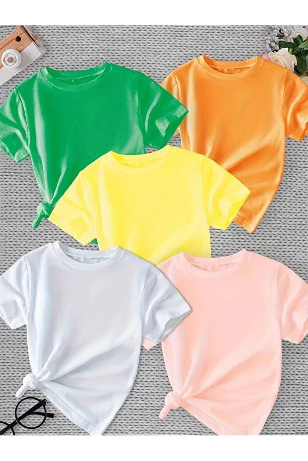 Детский комплект футболок оверсайз 5 шт Novibe, Green-Orange-Yellow-White-Salmon