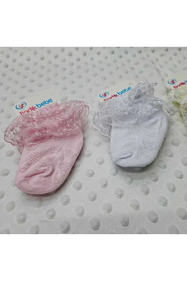 Детские носки с кружевом 3 пары Sundan hazelnut cotton lace baby socks Berkay, Pink White Cream — фото 2