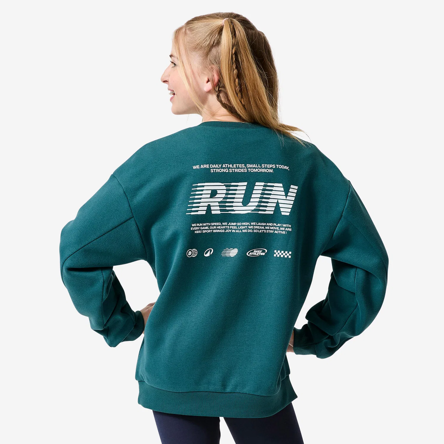 Детский свитшот из футера с принтом Sweatshirt Kinder Rundhals Molton warm Decathlon, Бlaugrun — фото 4