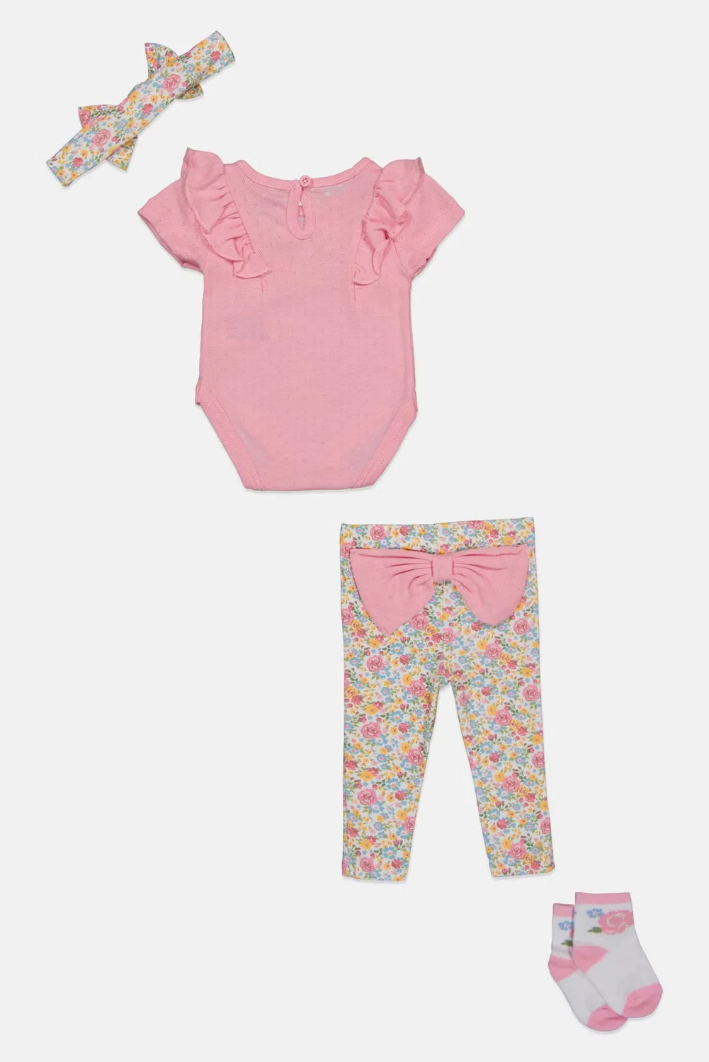 Комплект боди и штанов с цветочным принтом, с повязкой и носками Baby Essentials, разноцветный — фото 3