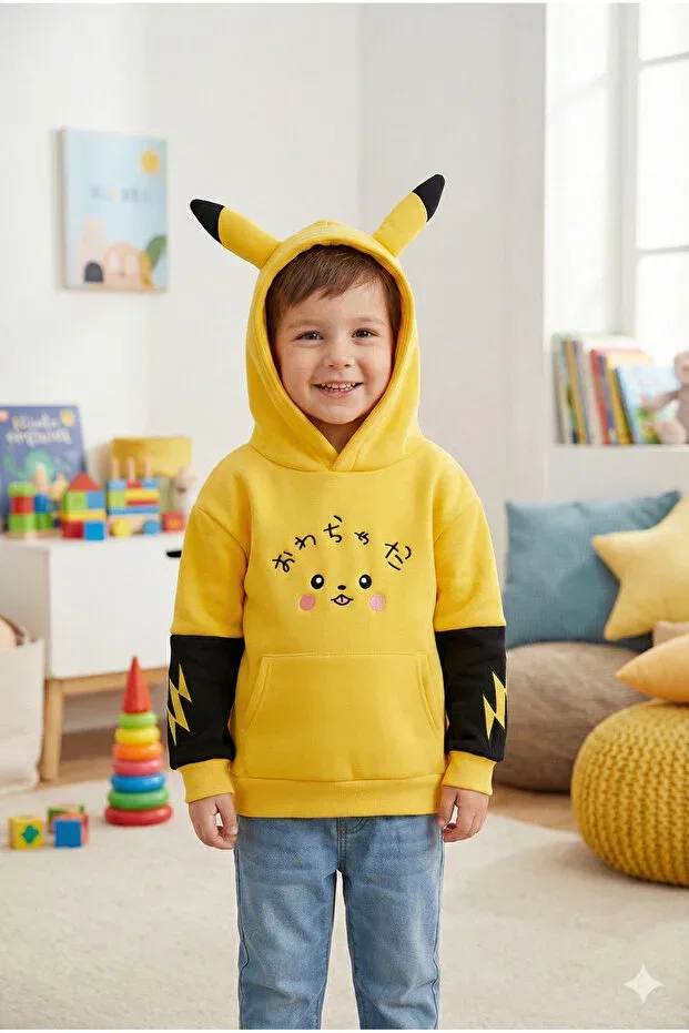 Детское худи для девочек оверсайз с принтом Yellow Pikachu Design Eared Bonbelle, Yellow