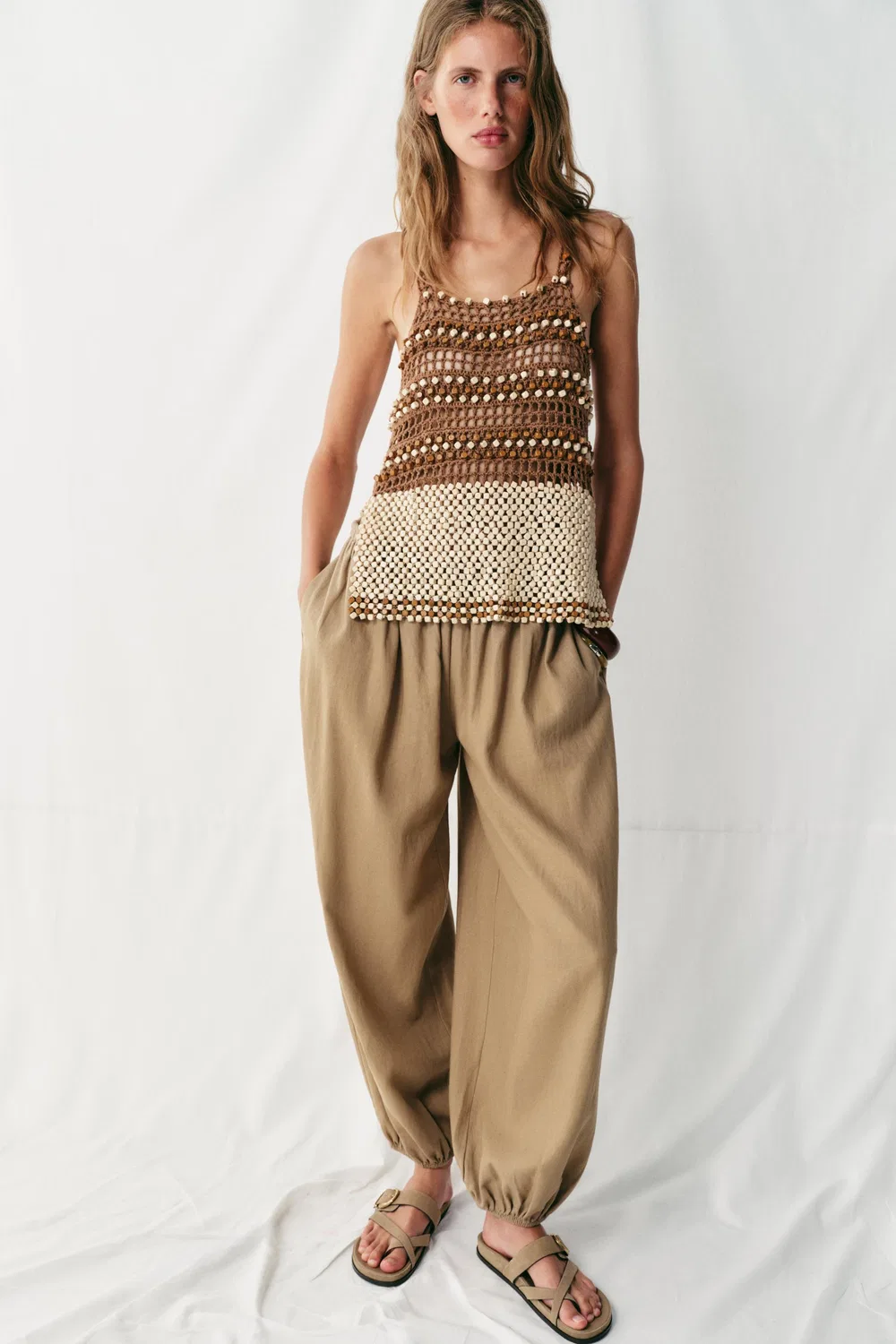 Брюки-саруэль из льняной смеси ZARA, Sand