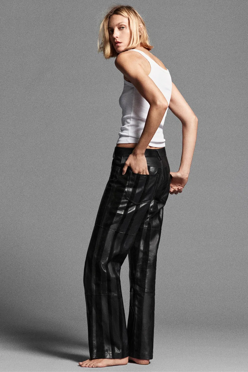 Брюки в полоску из 100% натуральной кожи от ZW COLLECTION ZARA, Black — фото 2