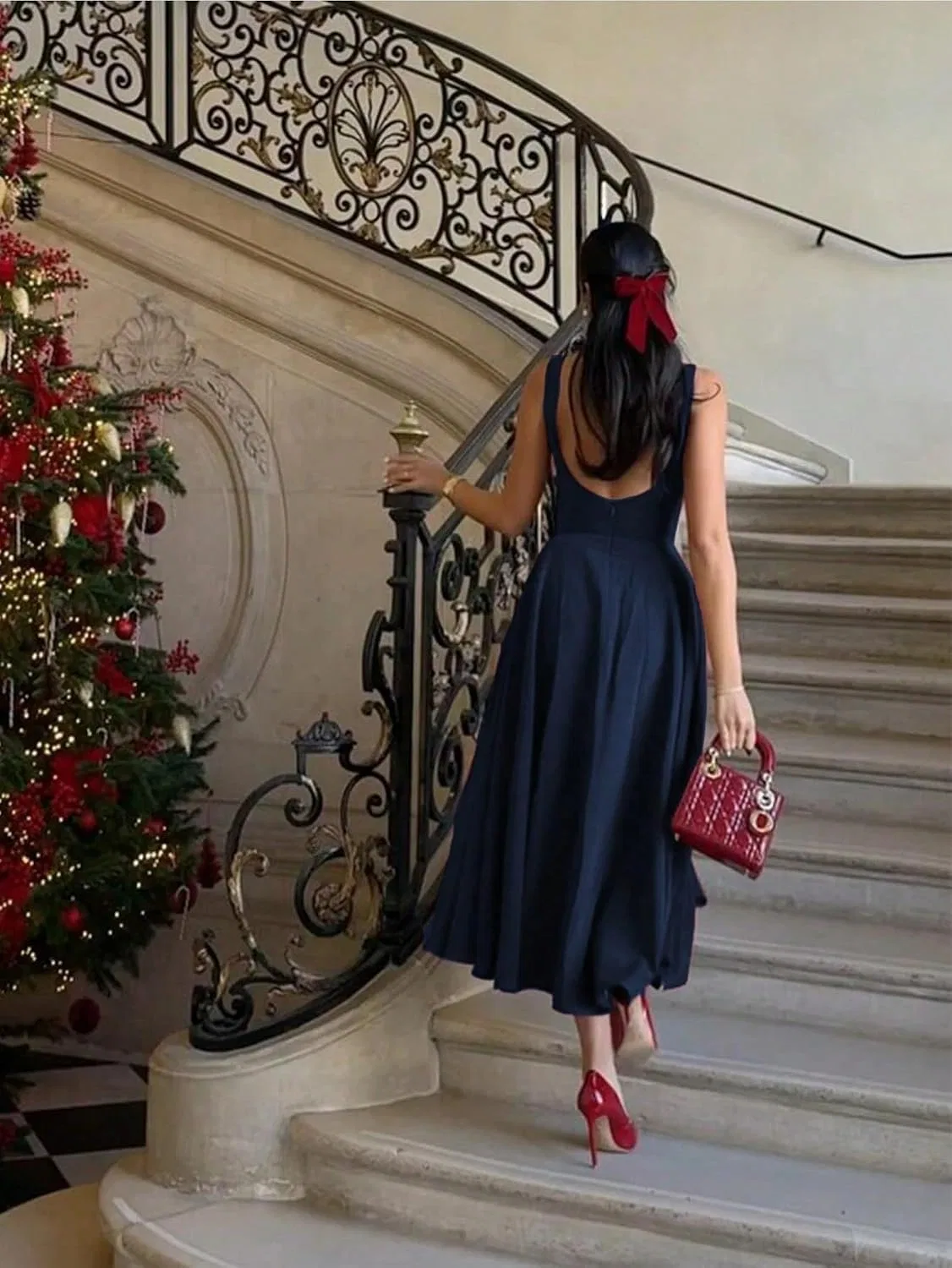 Женское повседневное платье миди с открытой спиной, Navy Blue — фото 3