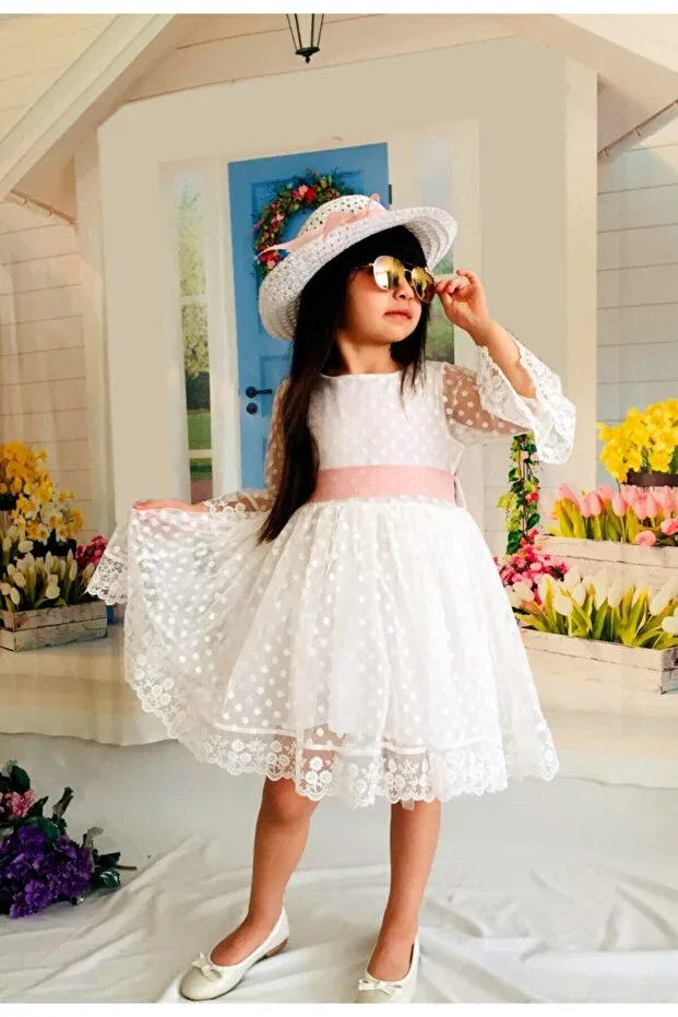 Детское платье для девочек кружевное White-Hat guipure lace princess Mixie, White