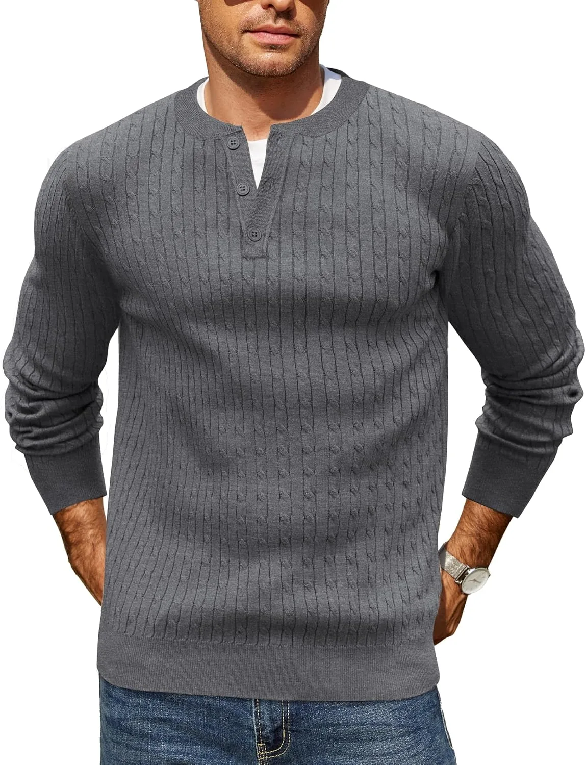 

COOFANDY мужской вязаный свитер-хенли с длинным рукавом