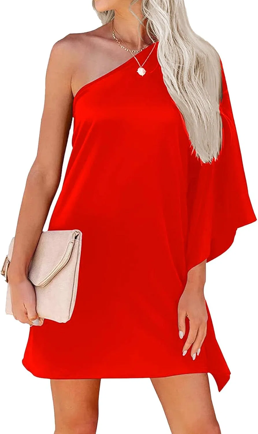 Женское асимметричное платье с одним рукавом летучей мыши Casual Elegant, Red