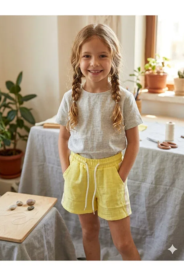 Детские шорты для девочек хлопковые с боковыми полосками Umutun Dolabi, Yellow