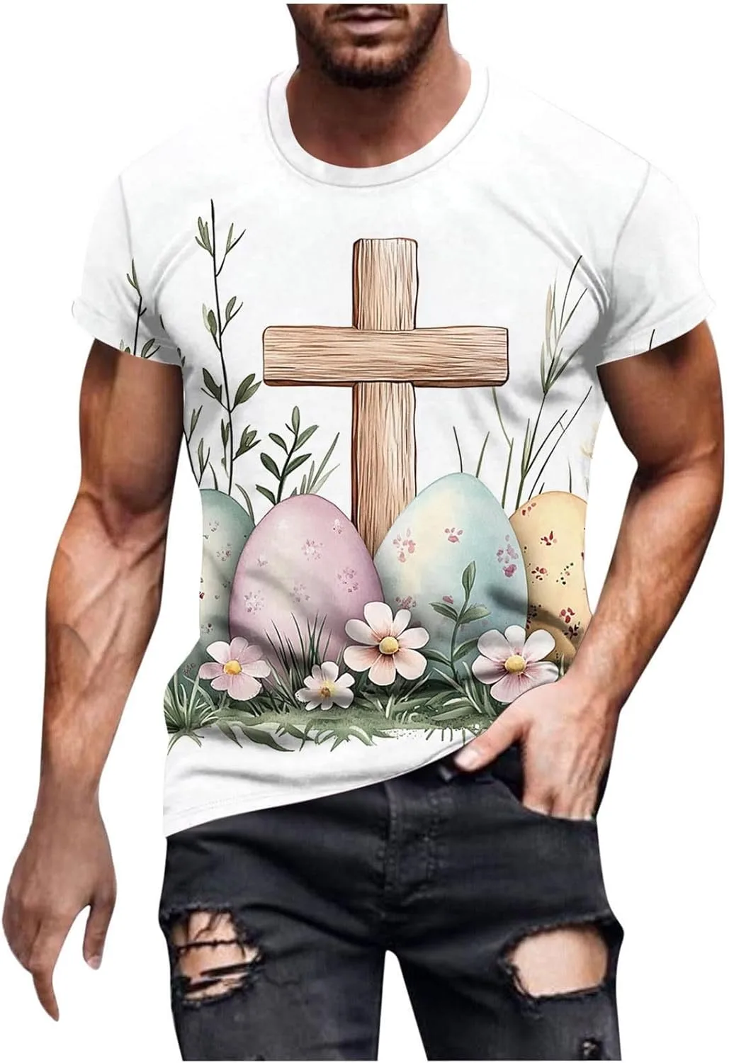 

Мужская пасхальная футболка с коротким рукавом и забавным принтом с кроликом