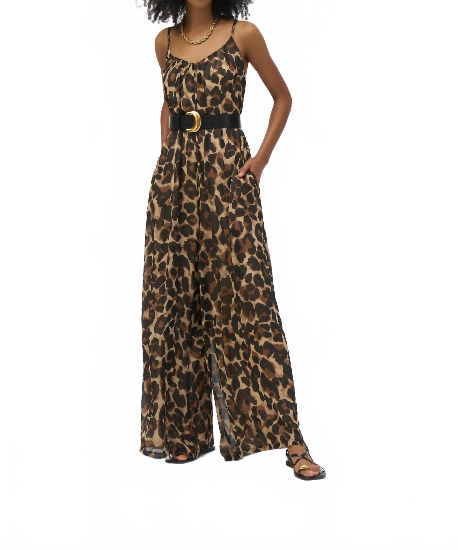 

Бежево-черный комбинезон с поясом из шифона в зверином принте Joseph Ribkoff