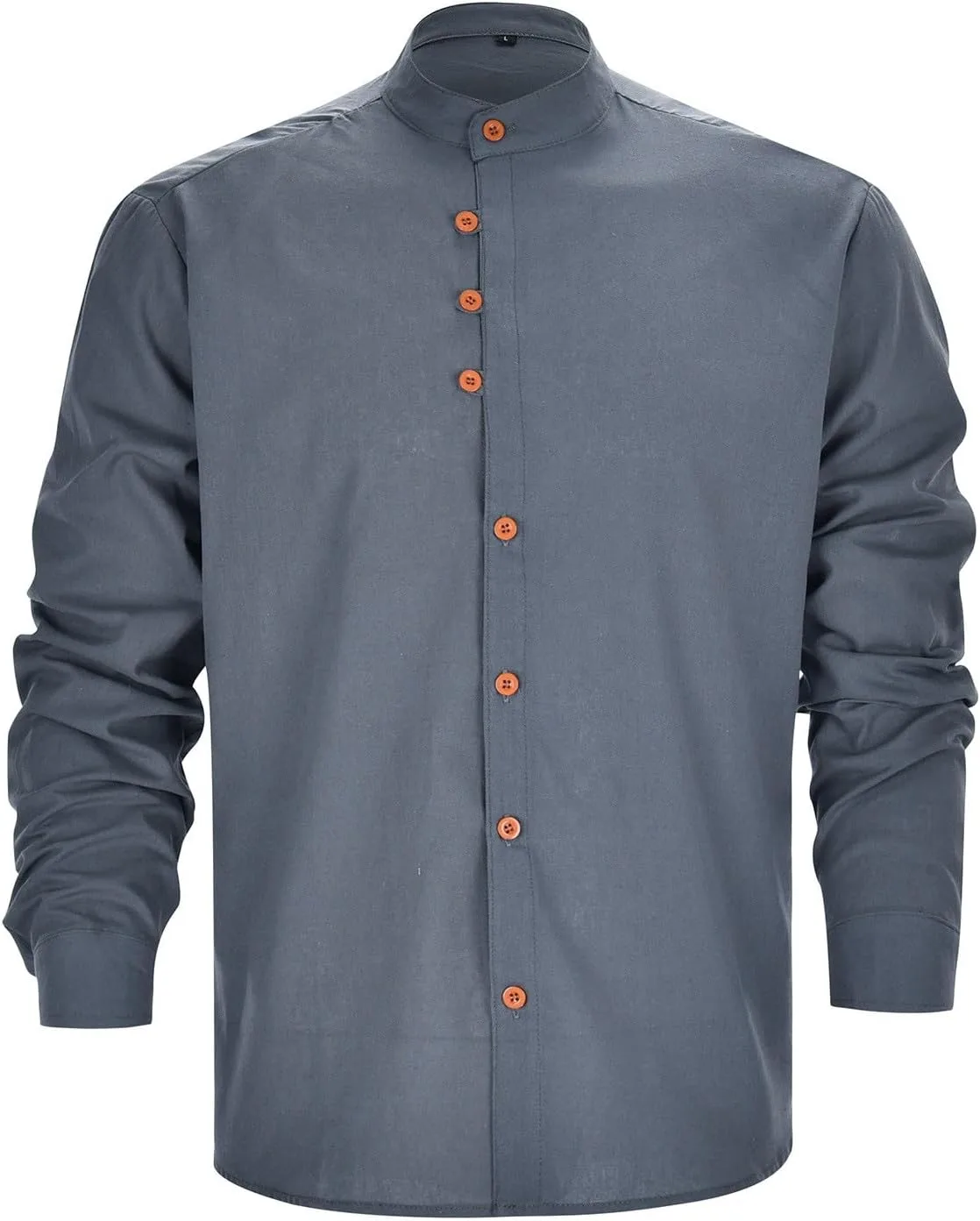 Мужская хлопковая льняная рубашка slim fit с отложным воротником на пуговицах, длинный рукав, однотонная, повседневная винтажная куртка Generic, серый