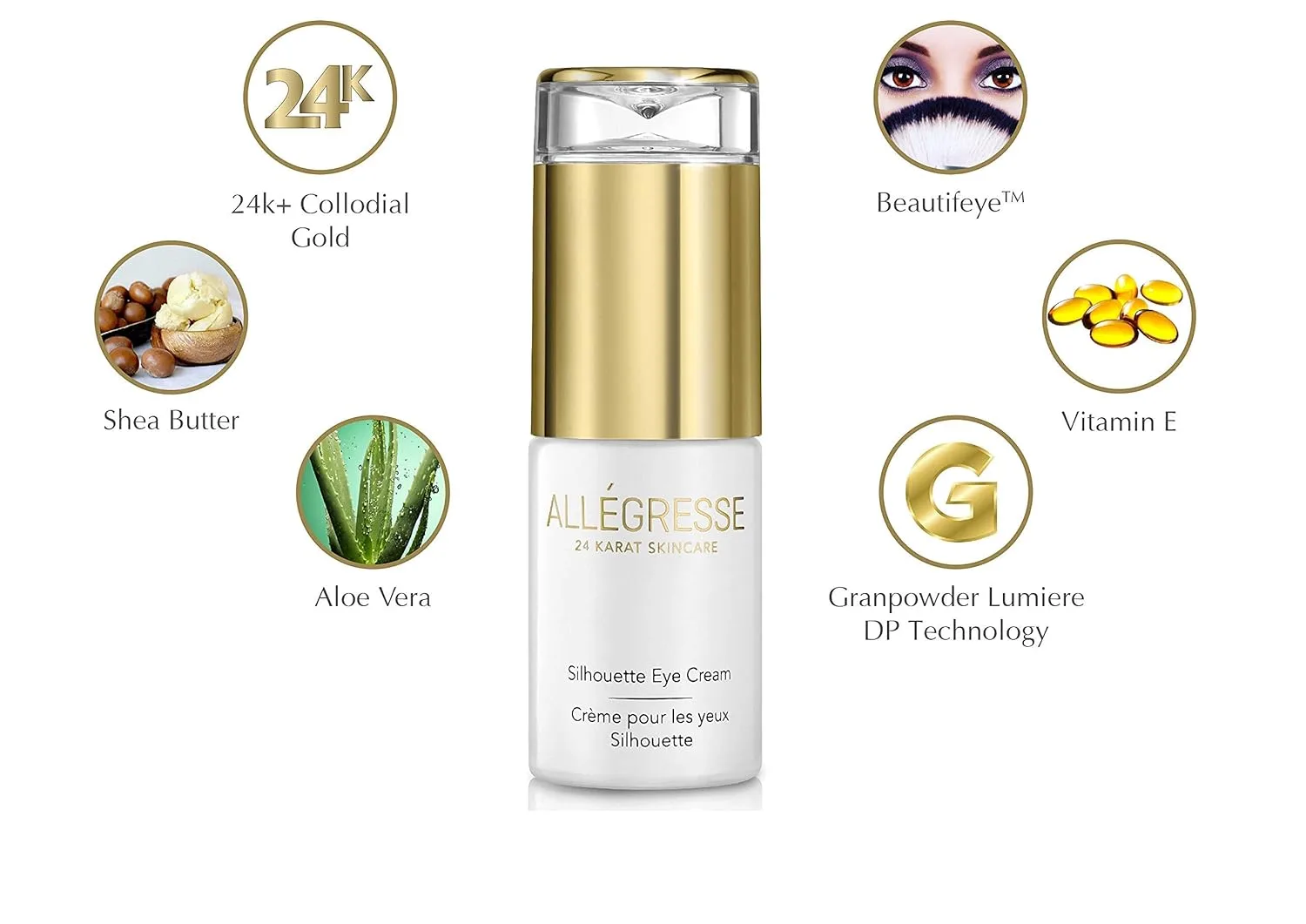 ALLÉGRESSE 24 KARAT SKINCARE антивозрастной крем для глаз с золотом против морщин, увлажняющая и быстро впитывающаяся формула с натуральными маслами, антиоксидантами, витамином E и Beautifeye - 30 мл — фото 4